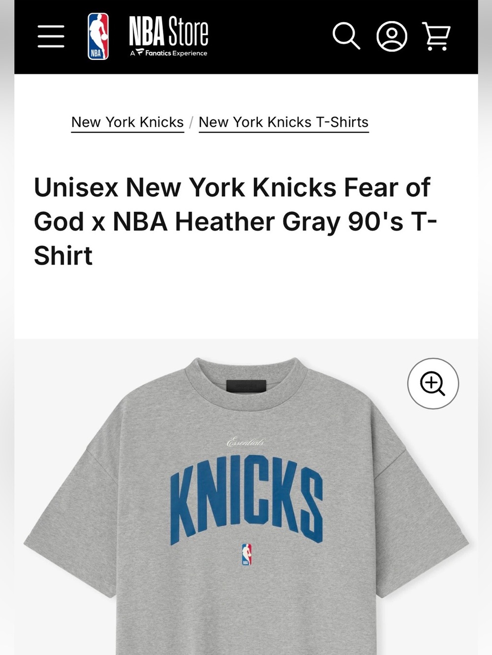 NWT Fear of God x NBA New York Knicks Heather Gray KNICKS T-Shirt M